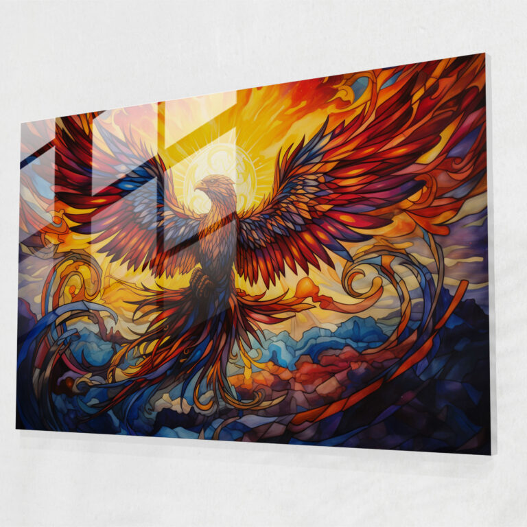 Mythology Glass Print - Fiery Flight Of The Phoenix - Mythology, Wall Decoration, Glass Print, Mythology