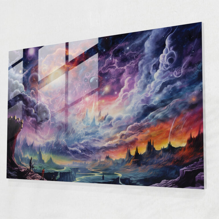 Mythology Glass Print - Vibrant Watercolor Painting - Mythology, Glass Art, Mystical Creatures, Cosmic Landscape