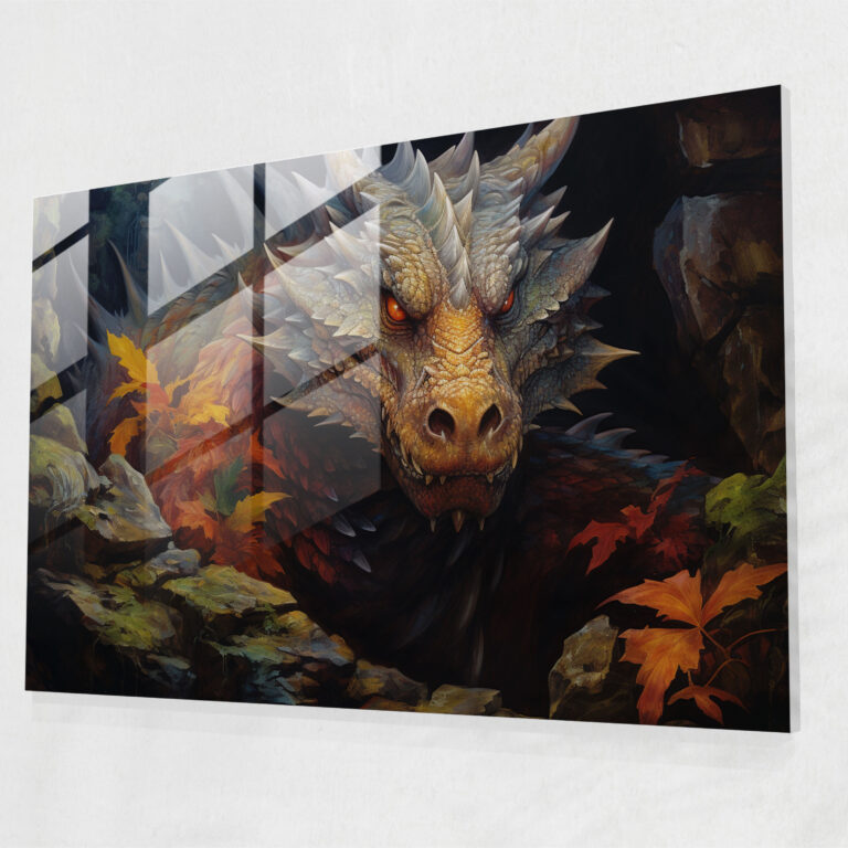 Mythology Glass Print - Fierce Dragon - Mythology, Mystical Cave, Glass Art, Glass Wall Art