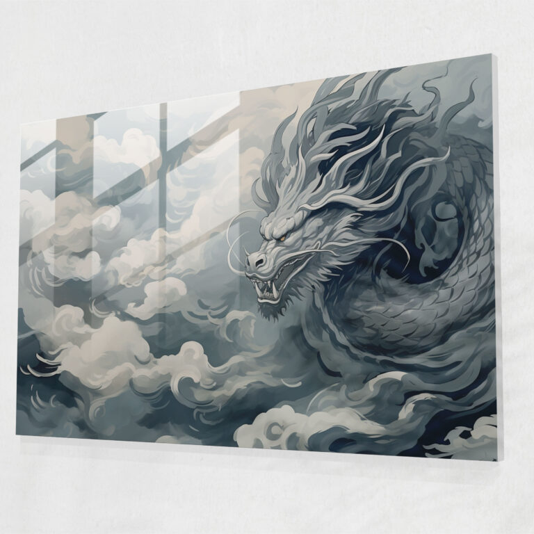 Mythology Glass Print: Fierce Dragon - Mythology, Glass Print, Dragon, Minimalist Line Art