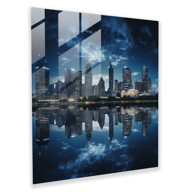 Navy Skyline Glass Wall Art - Navy, City Reflection, Magical Ambiance, Glass Wall Art