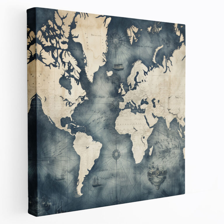 Navy Blue Vintage World Map Canvas Print - Navy Blue, Navy Blue, Home Decoration, Wall Decoration