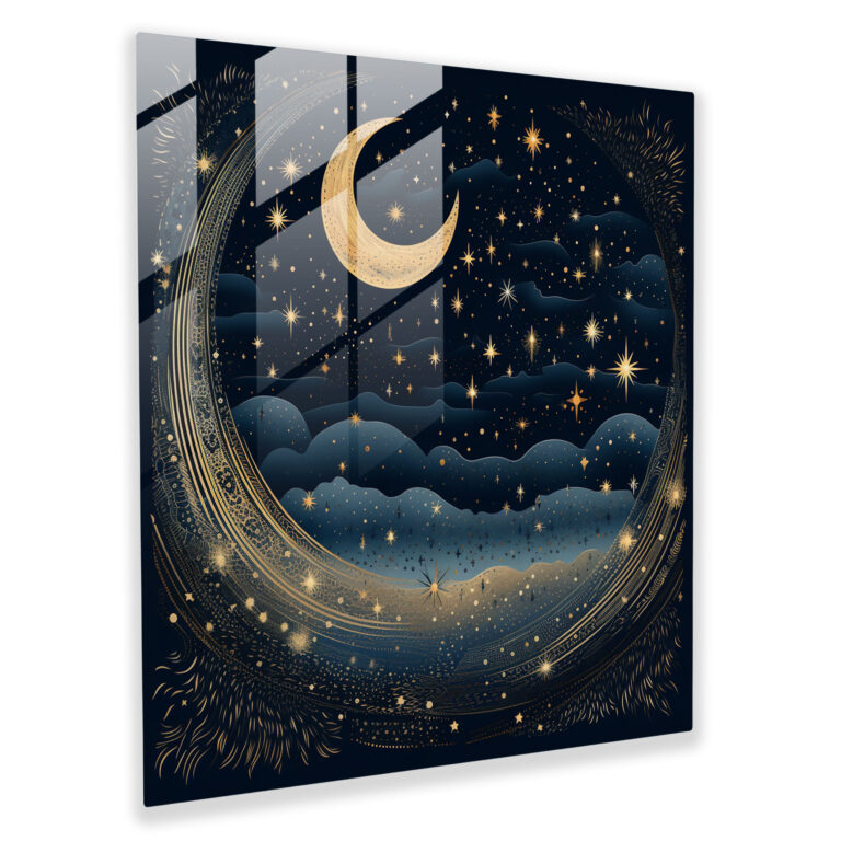 Starry Night Navy Blue Glass Print - Navy Blue, Night Sky, Glass Print, Moon