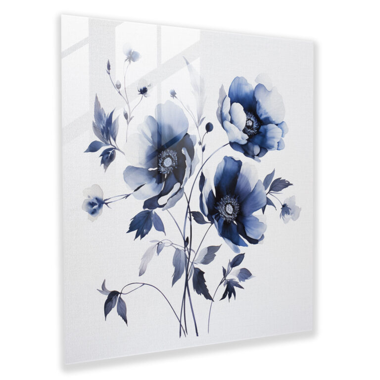 Tranquil Blooms Navy Blue Glass Print - Navy Blue, Blooms, Glass Wall Art, Wall Decoration