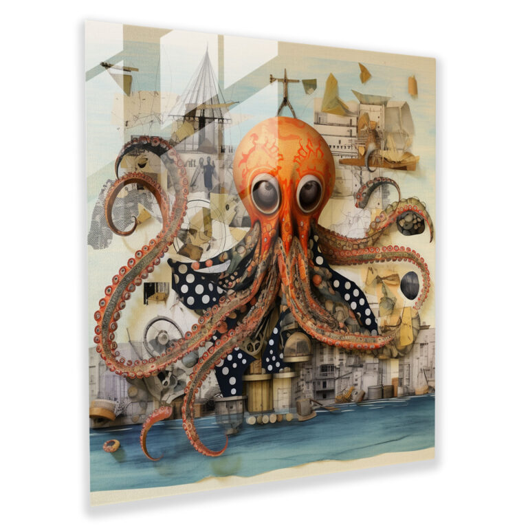 Whimsical Octopus Glass Print - Octopus, Home Decoration, Thought-Provoking, Surrealist Mixed Media Collage