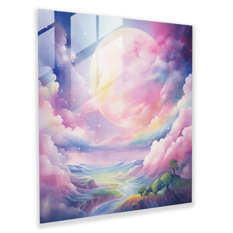 Pink Floyd Glass Print - Moonlit Rainbow Landscape - Pink Floyd, Watercolor Painting, Wall Decoration, Glass Art