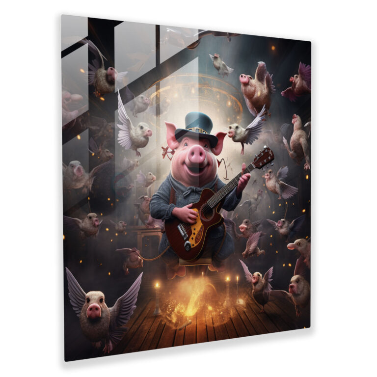 Pink Floyd Glass Print - Floating Pig And Flying Guitars - Pink Floyd, Music, Fantasy, Floating Pig