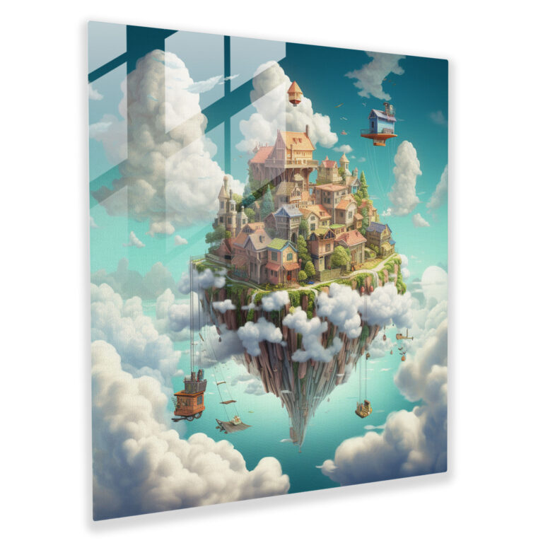 Pink Floyd Glass Print - Floating House Above Urban Landscape - Pink Floyd, Fusion, Urban Landscape, Glass Print