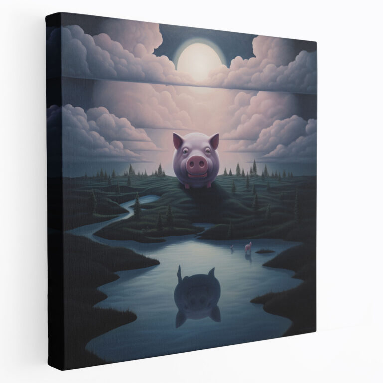 Pink Floyd Wall Art - Surreal Moonlit Landscape With Floating Pig - Pink Floyd, Oil Painting, Moonlit Landscape, Canvas