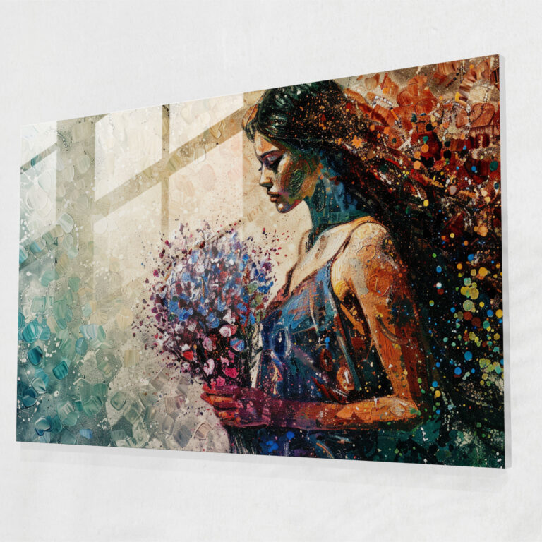 Pointillism Glass Print Home Decoration: Woman With Flowers - Pointillism, Glass Print, Glass Wall Art, Modern Art