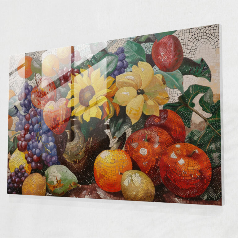 Pointillism Modern Art: Fruits And Flowers Still Life - Pointillism, Pointillism, Glass Art, Glass Print