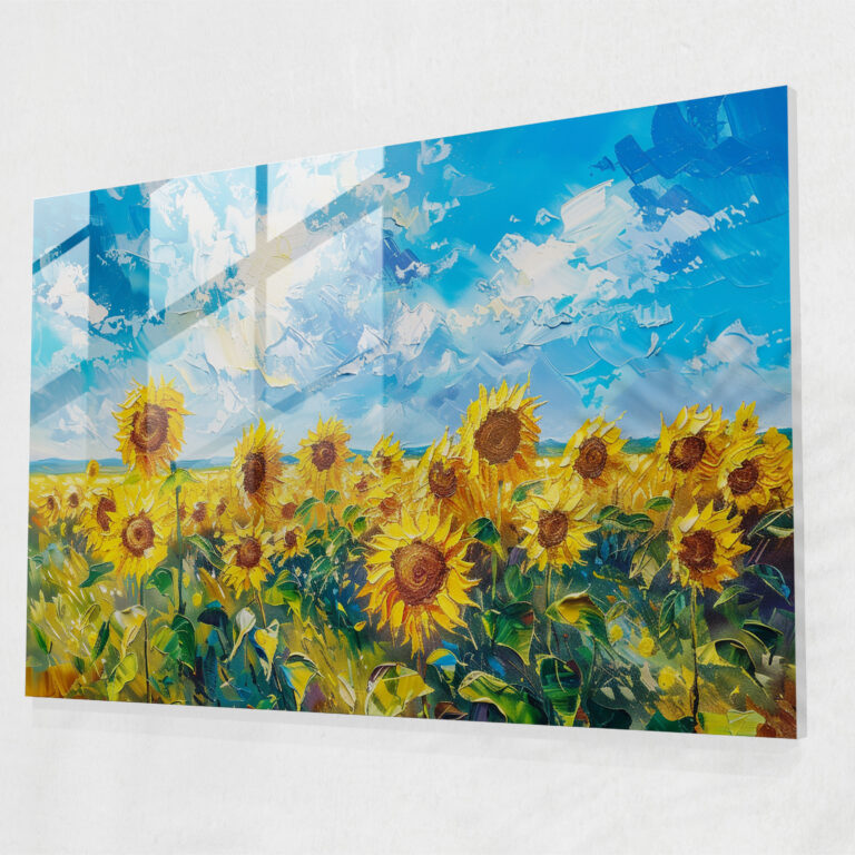Pointillism Wall Decoration: Sunflower Field - Pointillism, Glass Art, Glass Print, Modern Art