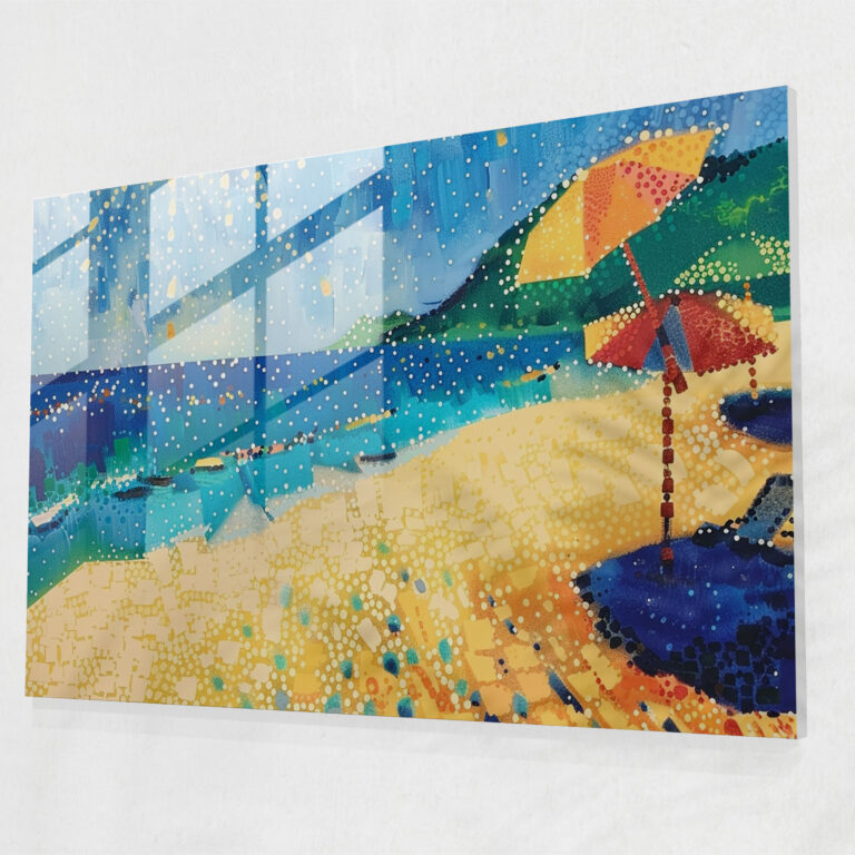 Pointillism Glass Print - Sunny Beach Scene - Pointillism, Glass Print, Glass Wall Art, Glass Art