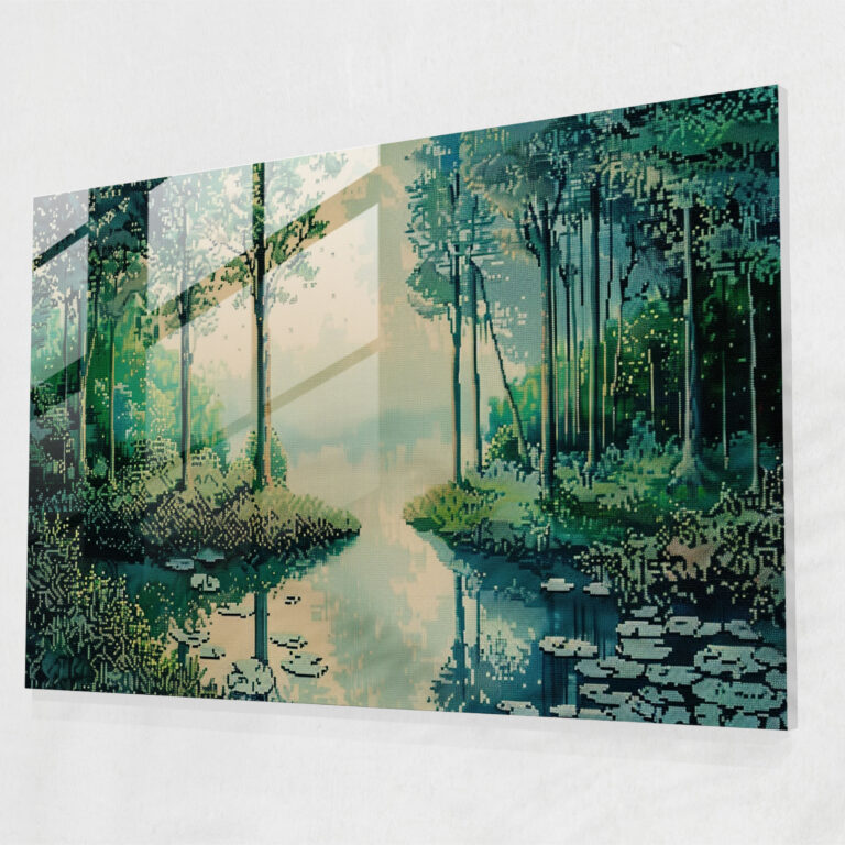 Pointillism Glass Art - Tranquil Forest Landscape - Pointillism, Glass Wall Art, Modern Art, Wall Decoration
