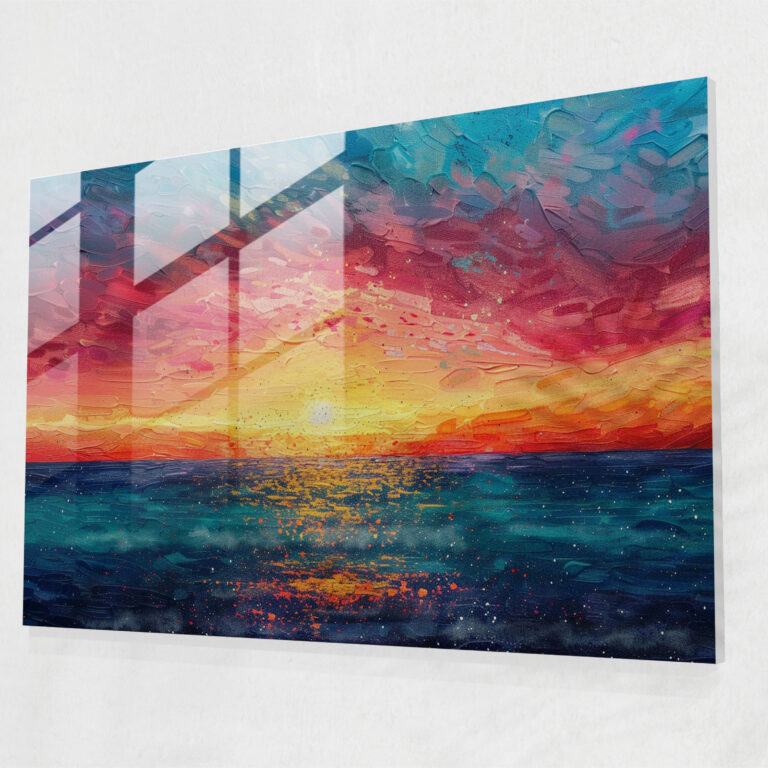 Pointillism Home Decoration - Vibrant Sunset Over The Horizon - Pointillism, Wall Decoration, Glass Print, Modern Art