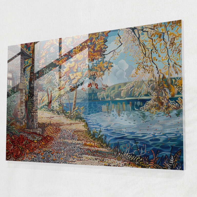 Pointillism Glass Print: Serene Lakeside Landscape - Pointillism, Glass Art, Landscape, Wall Decoration