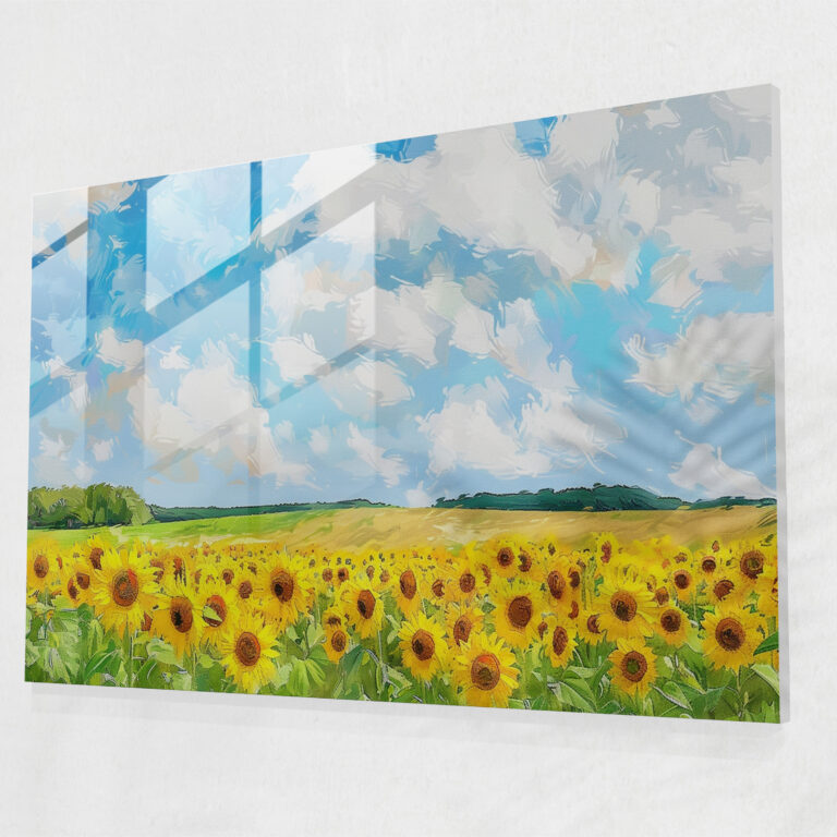 Pointillism Glass Art: Sunflowers In A Field - Pointillism, Home Decoration, Glass Print, Glass Wall Art