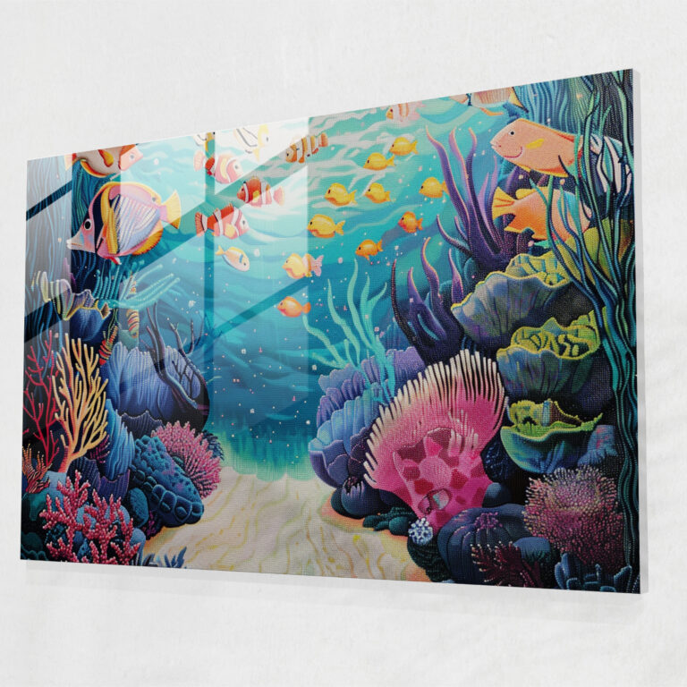 Pointillism Glass Print - Underwater Wonderland - Pointillism, Glass Wall Art, Coral Reefs, Modern Art