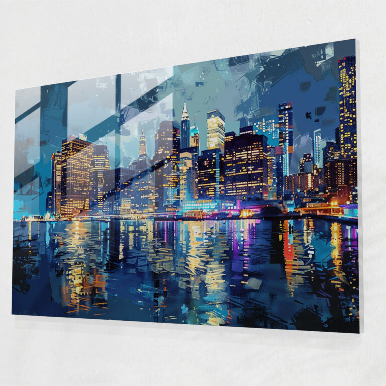 Pointillism Glass Wall Art - Urban Lightscape - Pointillism, Modern Art, Pointillism, City Skyline