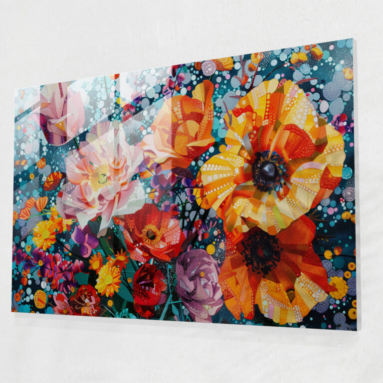 Vibrant Floral Pointillism Glass Print - Pointillism, Vibrant, Glass Wall Art, Floral