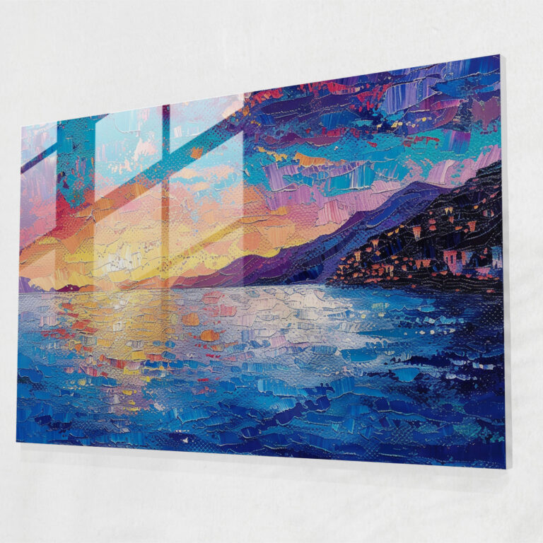 Sunset Seaside Pointillism Glass Wall Art - Pointillism, Sunset, Seaside, Modern Art