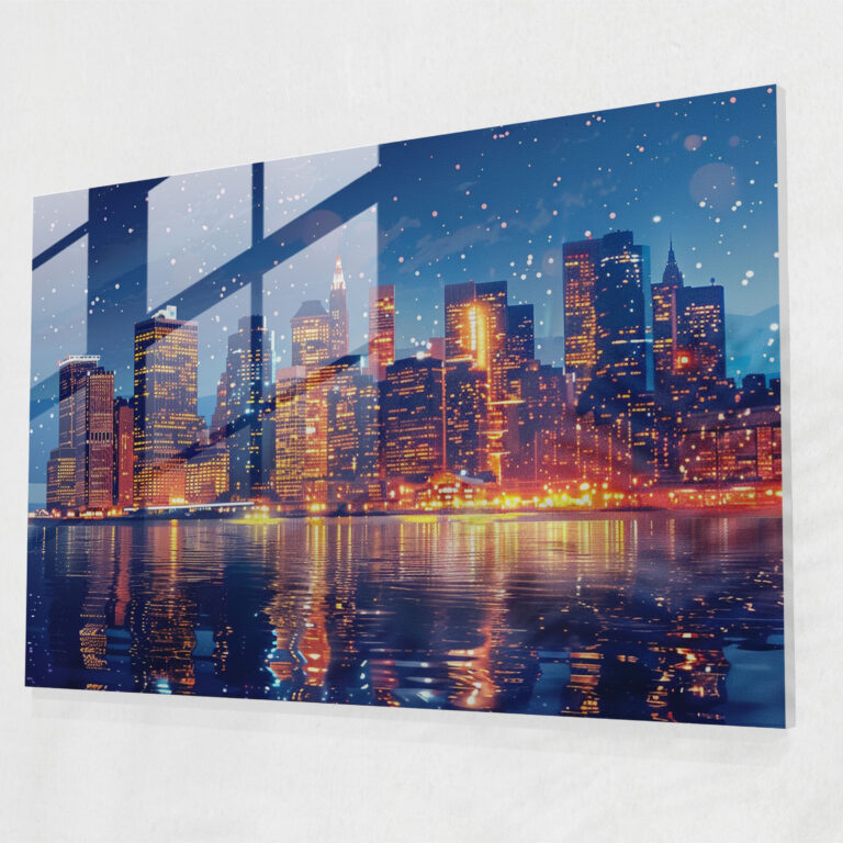 Night City Skyline Pointillism Wall Decoration - Pointillism, Modern Art, City Skyline, Glass Print