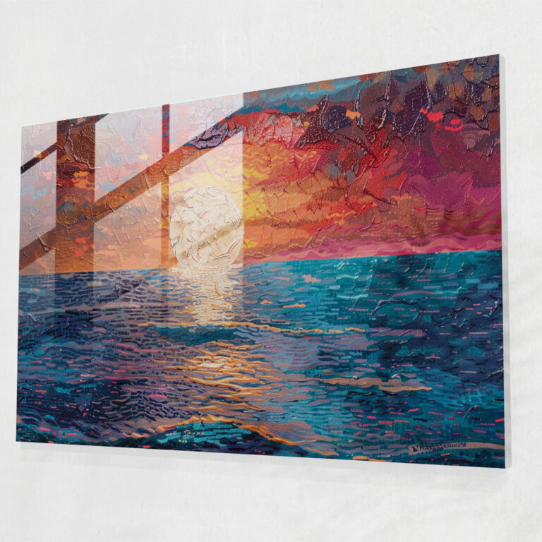 Sunset Seascape Pointillism Glass Art - Pointillism, Glass Wall Art, Home Decoration, Glass Art