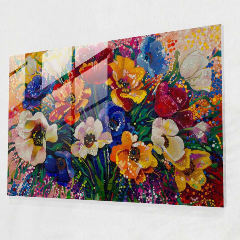 Pointillism Glass Print - Bouquet Of Flowers - Pointillism, Glass Wall Art, Pointillism, Glass Print