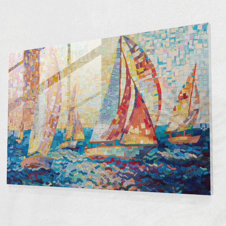 Pointillism Glass Wall Art - Seascape With Sailboats - Pointillism, Glass Wall Art, Sailboats, Seascape