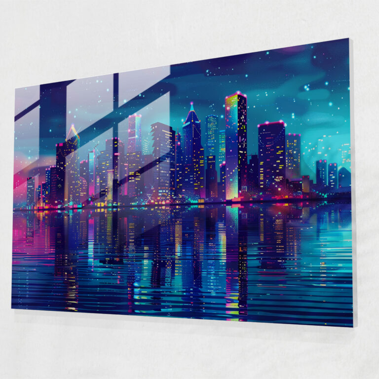 Pointillism Home Decoration - City Skyline At Night - Pointillism, Night Scene, Glass Print, Vibrant Lights