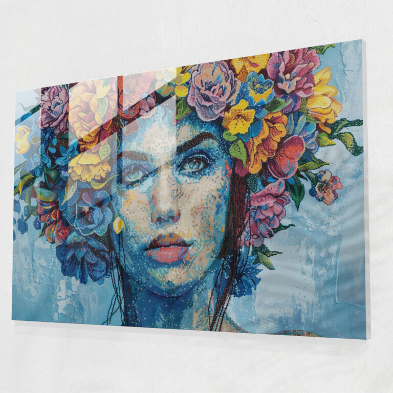 Pointillism Home Decoration - Woman With Floral Crown Portrait - Pointillism, Glass Wall Art, Modern Art, Glass Print