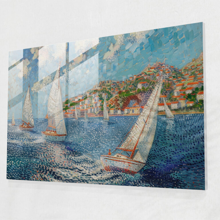 Pointillism Glass Art - Sailboats Seascape - Pointillism, Glass Art, Glass Print, Pointillism