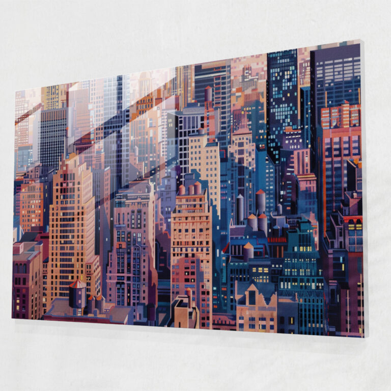 Pointillism Glass Print - Skyscraper Cityscape - Pointillism, Modern Art, Home Decoration, Glass Wall Art