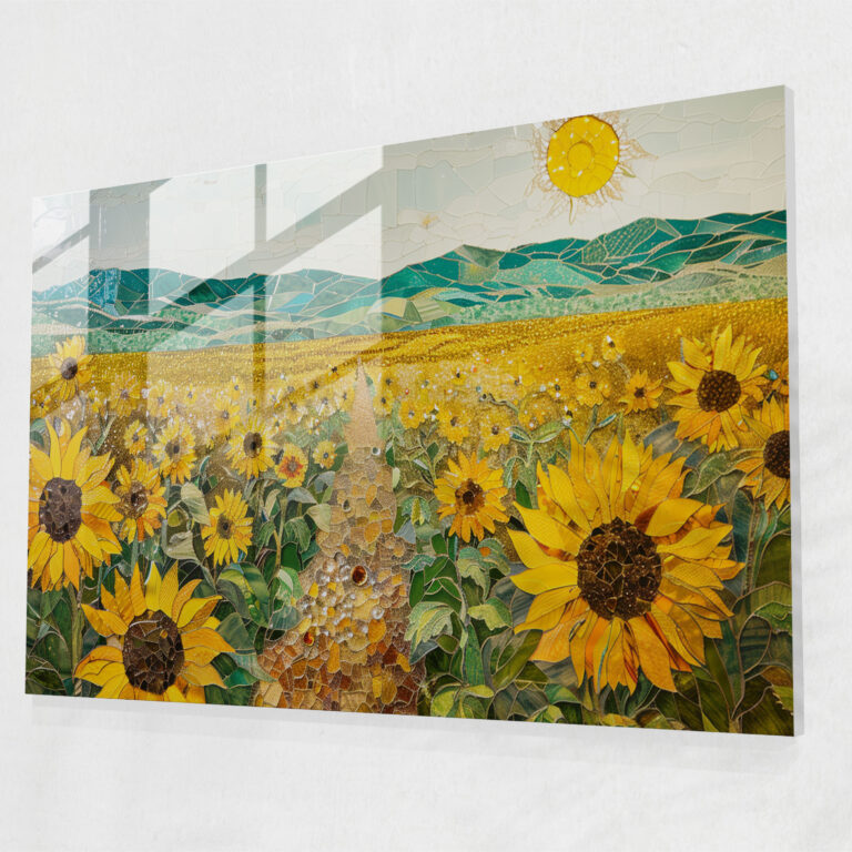 Pointillism Sunflower Field Glass Print - Pointillism, Glass Wall Art, Sunflower Field, Home Decoration