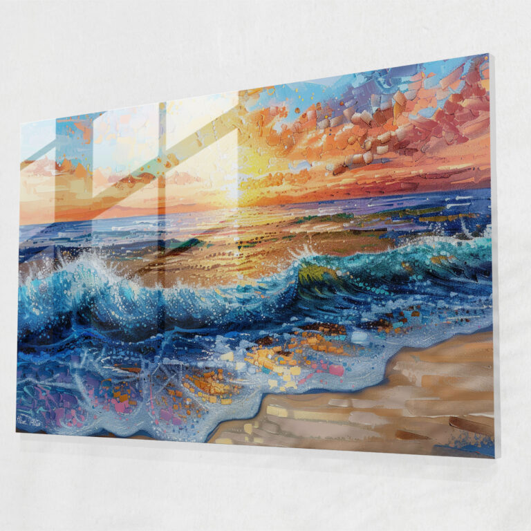 Pointillism Beach Sunset Glass Print - Pointillism, Glass Wall Art, Glass Art, Glass Print