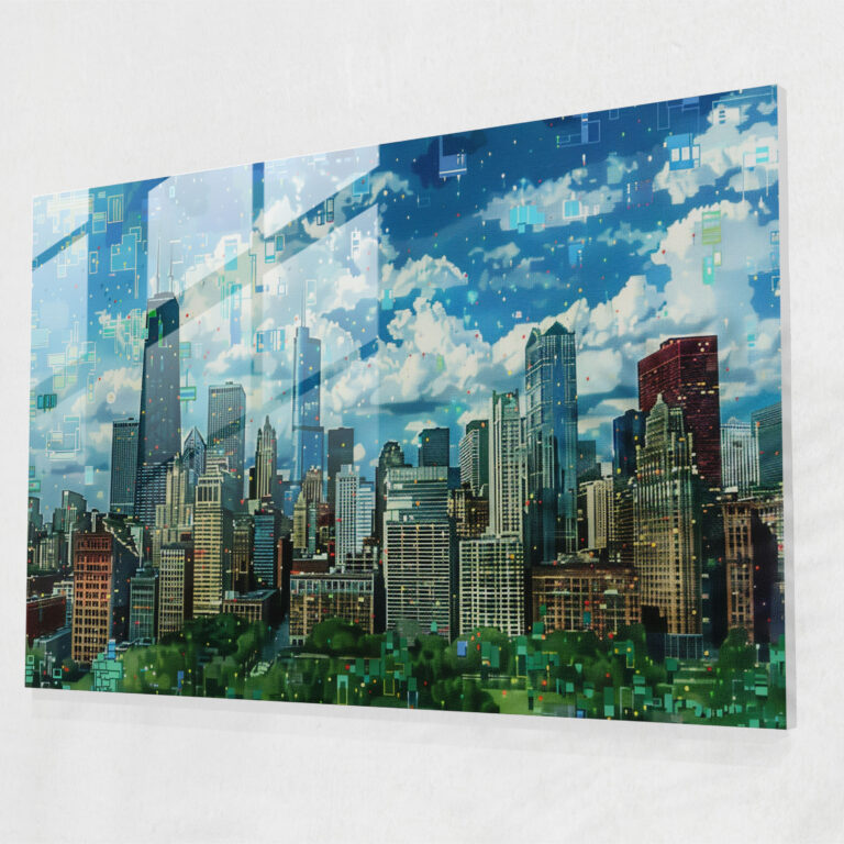 Pointillism City Skyline Glass Print - Pointillism, Modern Art, Home Decoration, Pointillism