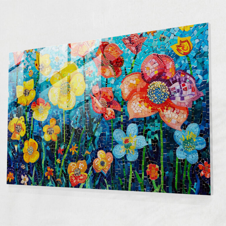 Pointillism Colorful Flowers Glass Print - Pointillism, Glass Wall Art, Modern Art, Home Decoration