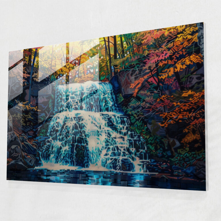 Pointillism Waterfall Cascade Glass Print - Pointillism, Home Decoration, Glass Art, Modern Art