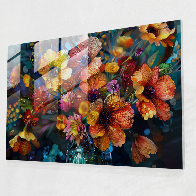 Vibrant Floral Pointillism Glass Print - Pointillism, Glass Print, Home Decoration, Wall Decoration