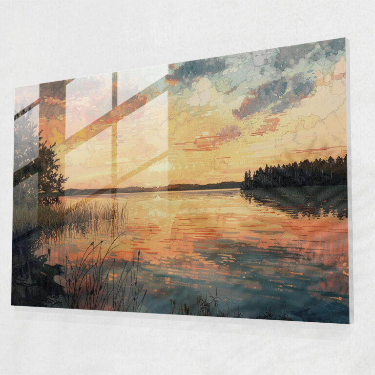 Serene Lake Sunset Pointillism Glass Wall Art - Pointillism, Wall Decoration, Home Decoration, Modern Art