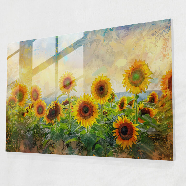 Vibrant Sunflowers Pointillism Glass Print - Pointillism, Sunflowers, Wall Decoration, Home Decoration