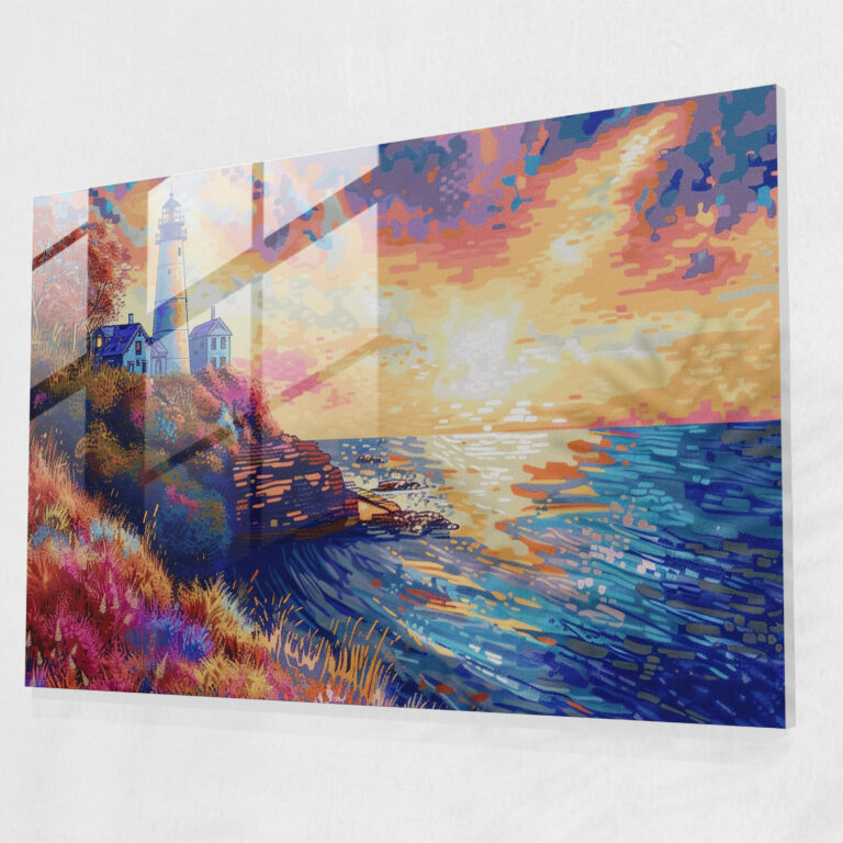 Seaside Lighthouse Pointillism Glass Art - Pointillism, Glass Art, Serene, Glass Print