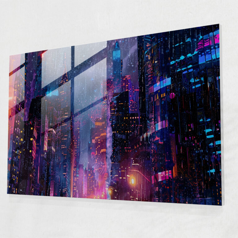 Cityscape Night Pointillism Wall Decoration - Pointillism, Modern Art, Glass Wall Art, Glass Print
