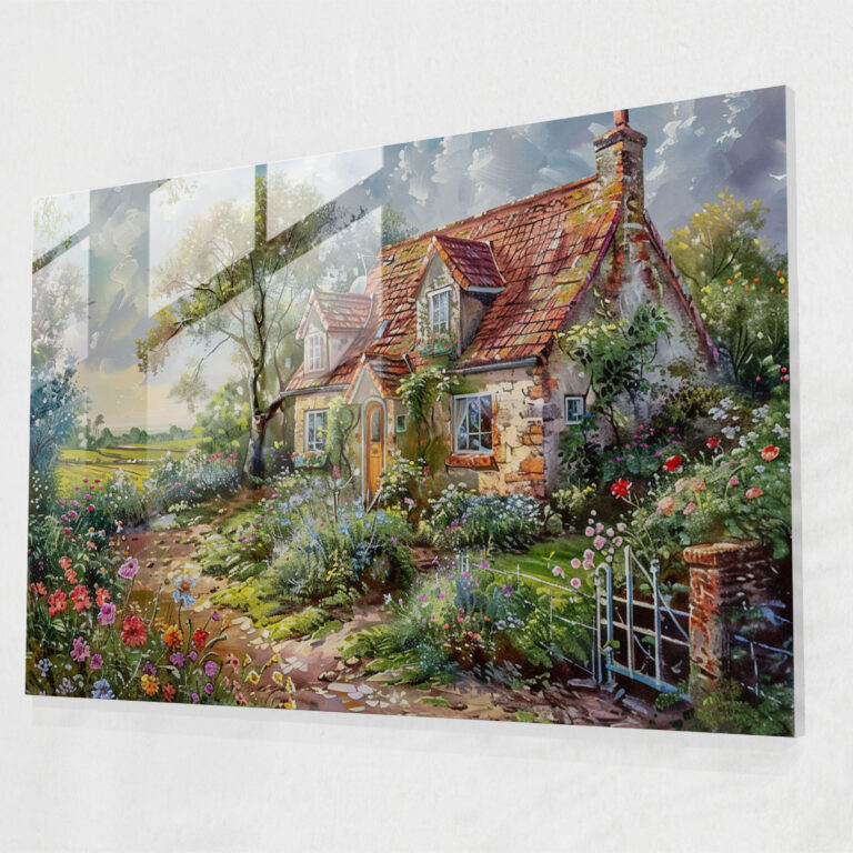 Country Cottage Pointillism Glass Wall Art - Pointillism, Pointillism, Village, Countryside