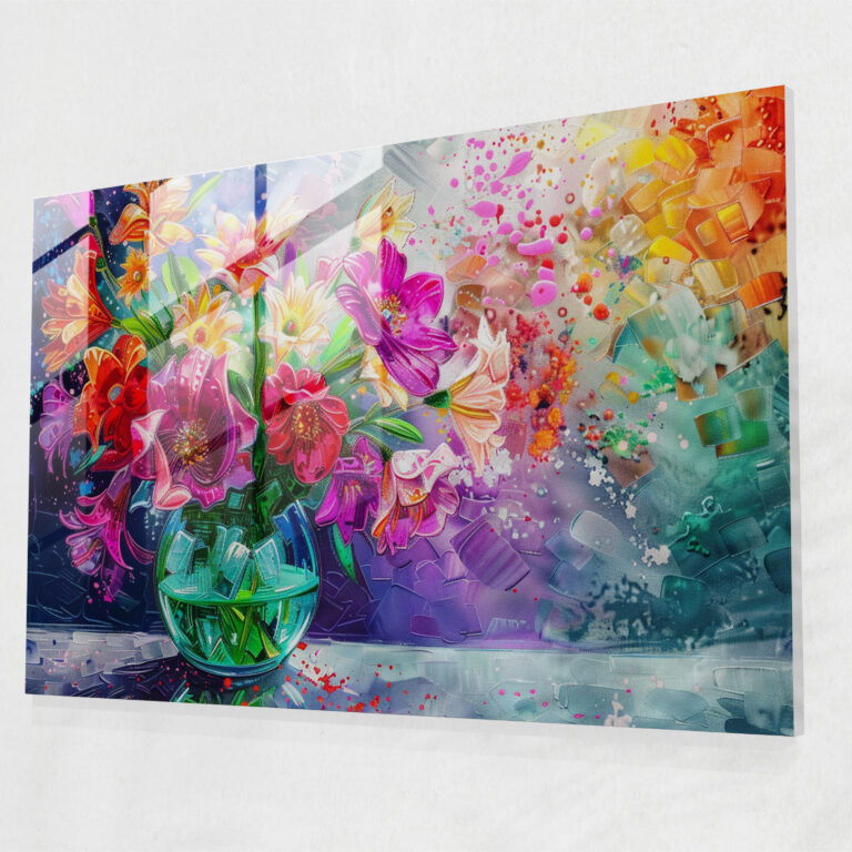 Pointillism Glass Wall Art: Colorful Flowers - Pointillism, Wall Decoration, Vase, Glass Print