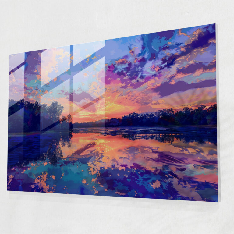 Pointillism Home Decoration: Sunset Lake - Pointillism, Pointillism, Wall Decoration, Glass Print