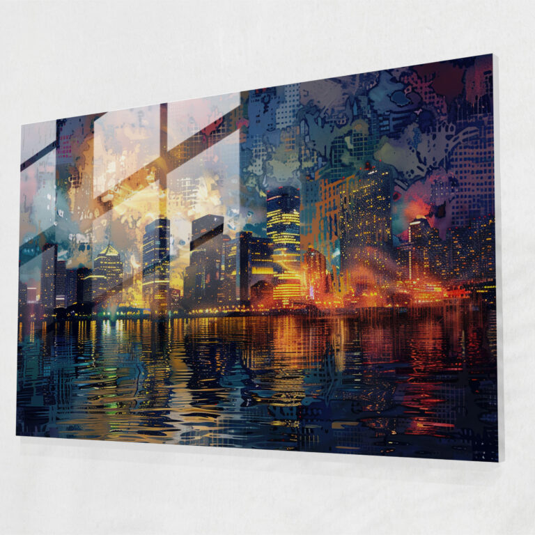 Pointillism Glass Art: City Skyline - Pointillism, City Skyline, Home Decoration, Night