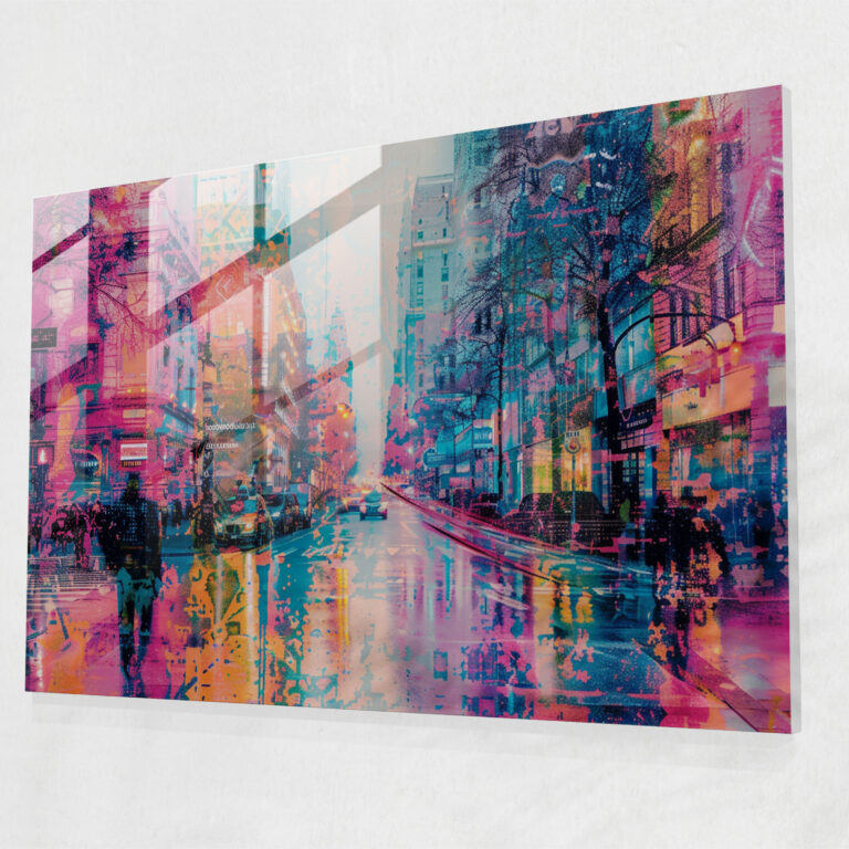 Pointillism Home Decoration: City Street - Pointillism, Glass Art, Modern Art, Glass Wall Art
