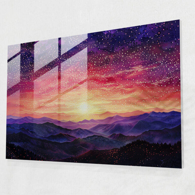 Sunset Landscape Pointillism Glass Print Wall Decoration - Pointillism, Home Decoration, Glass Print, Modern Art