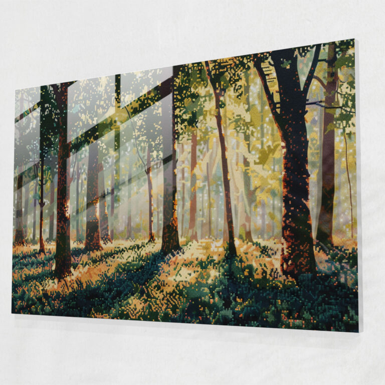 Forest Sunlight Pointillism Glass Wall Art Home Decoration - Pointillism, Glass Wall Art, Modern Art, Wall Decoration